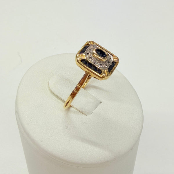 Bague avec Saphir et Diamants en Or Jaune et blanc 18K - Taille 55
