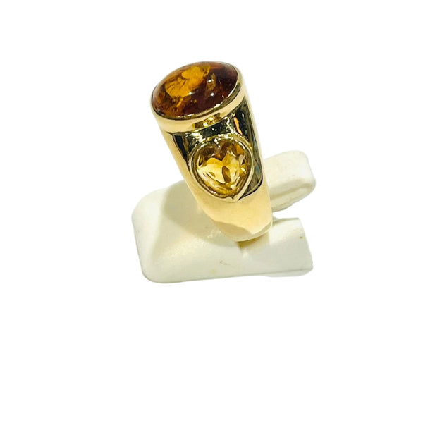 Bague avec Citrine et Ambre en Or Jaune 18 Carats - Taille 57